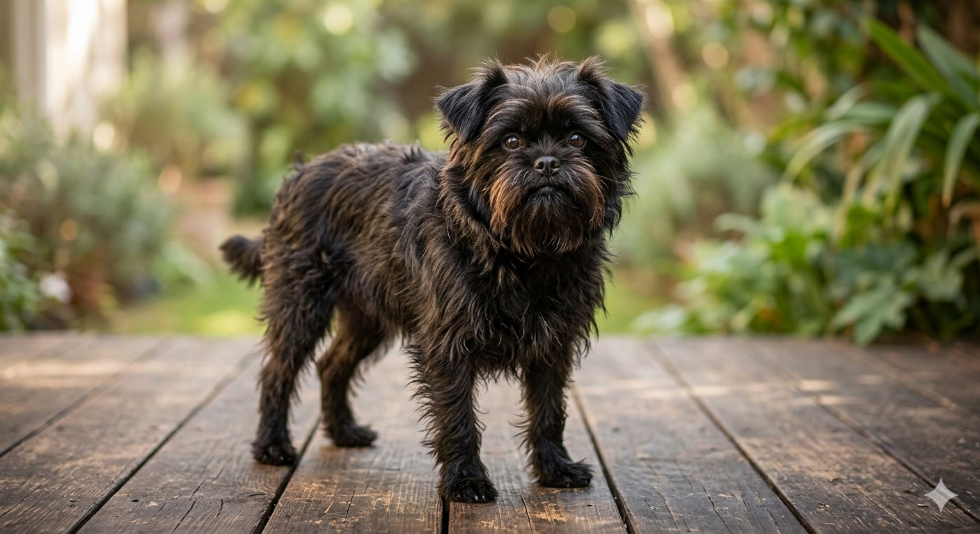Ein schwarzer Affenpinscher mit seinem typischen drahtigen Fell und aufmerksamem Blick im Freien.