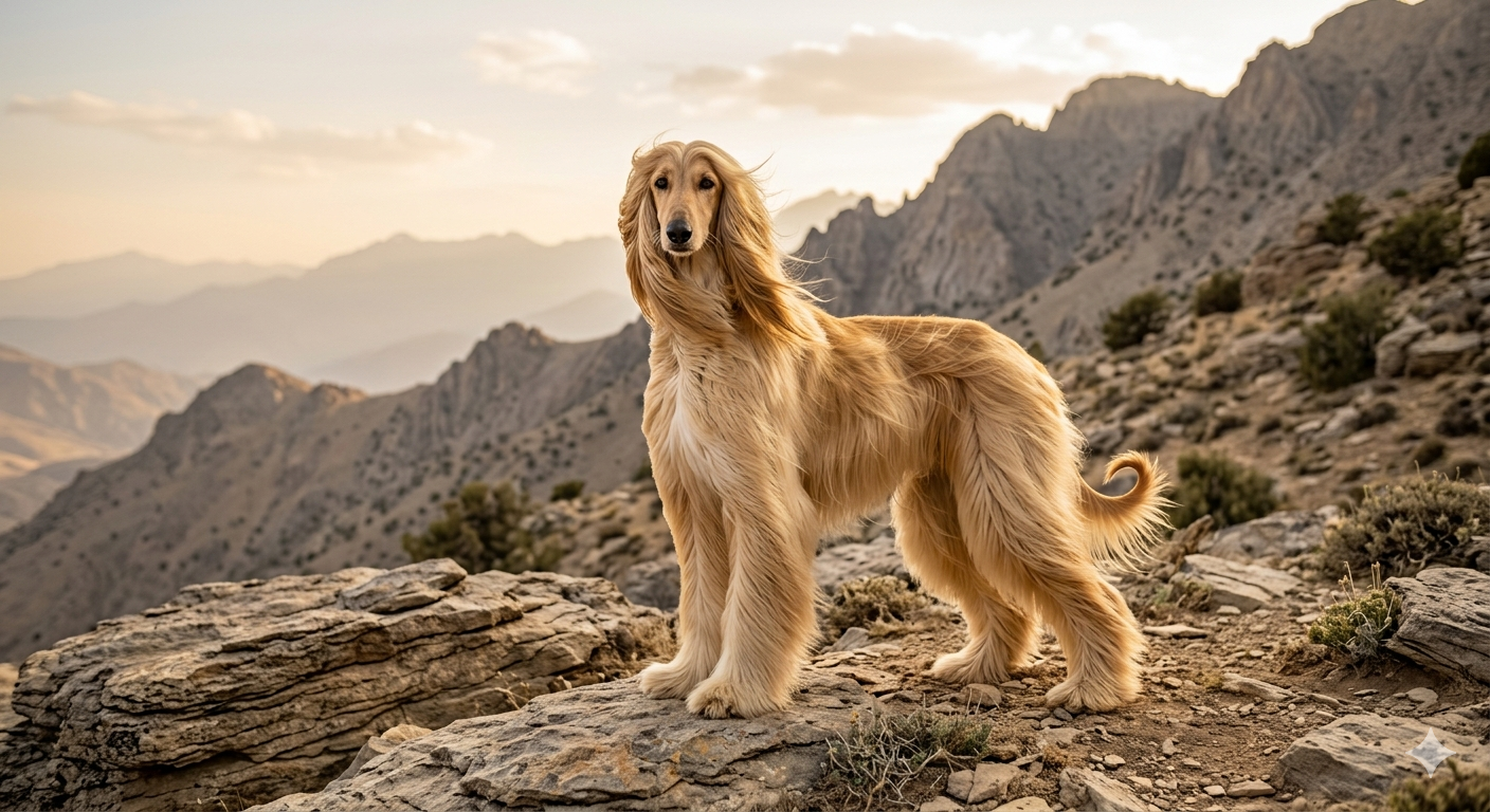 Ein eleganter, goldfarbener Afghanischer Windhund mit langem, wehendem Fell steht stolz auf einer Anhöhe vor einem Gebirgspanorama.