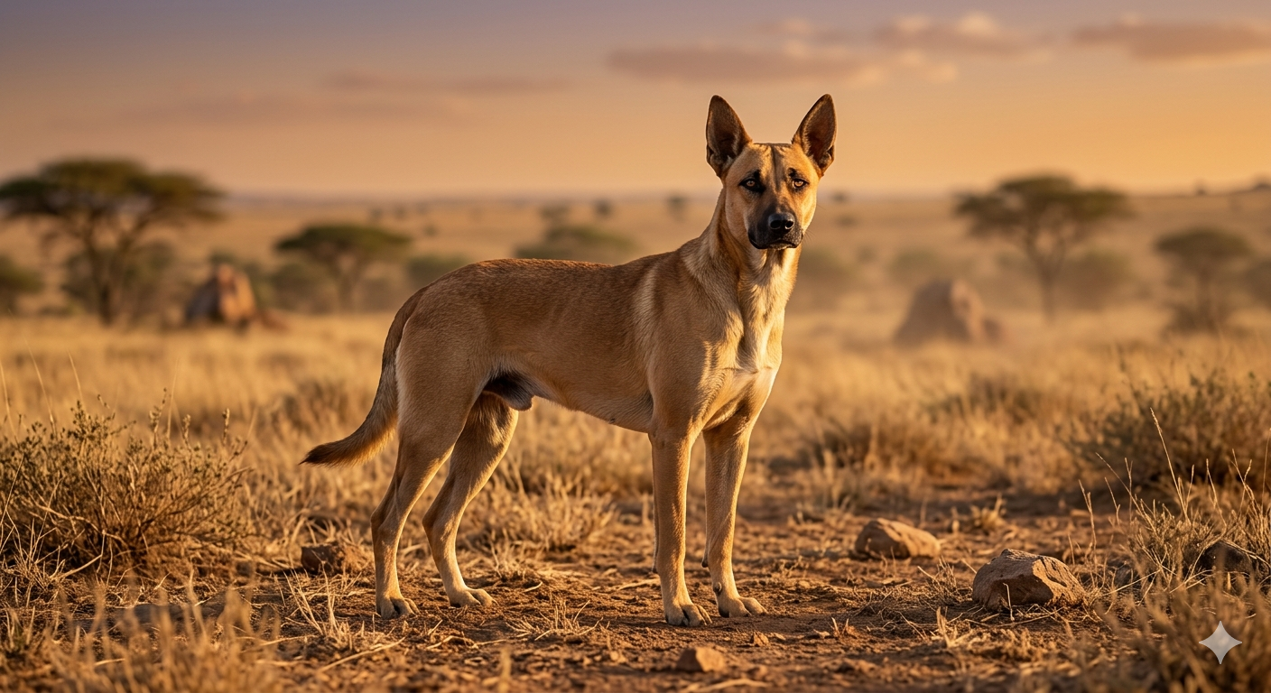 Ein schlanker, sandfarbener Africanis-Hund steht wachsam in einer weitläufigen, sonnendurchfluteten afrikanischen Savanne.
