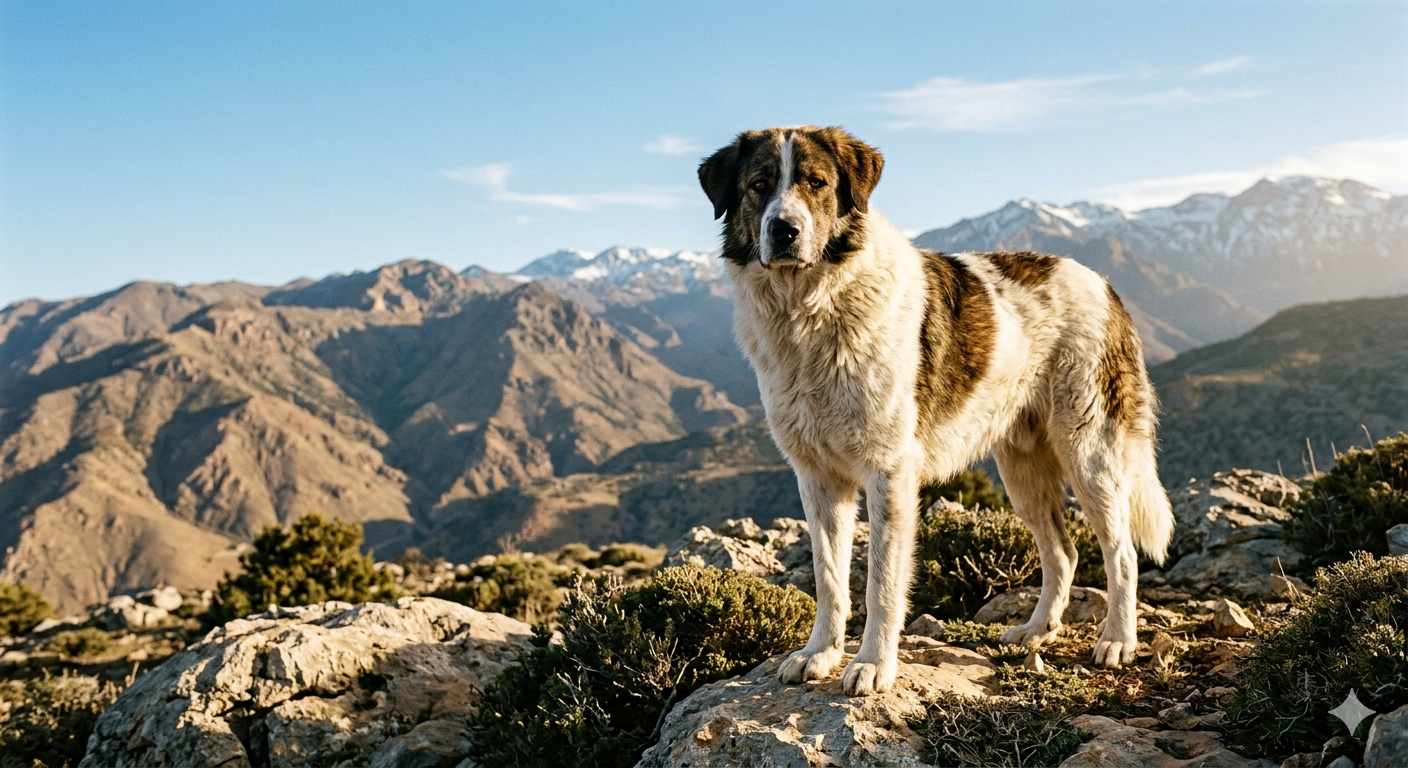 Ein kräftiger, weiß-braun gescheckter Aidi (Atlas-Schäferhund) steht wachsam auf einem felsigen Plateau im marokkanischen Atlas-Gebirge.
