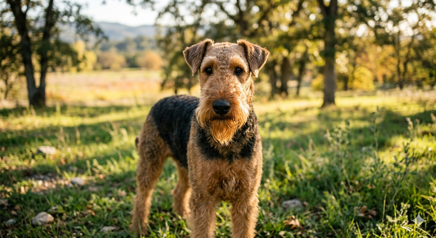 Ein aufmerksamer Airedale Terrier mit gepflegtem Bart und drahtigem Fell blickt intelligent in die Kamera, im Hintergrund eine grüne Wiese.