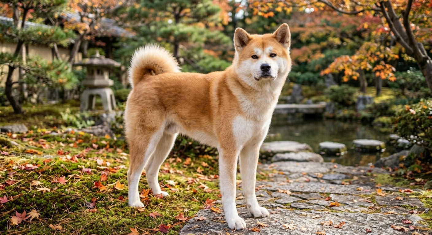 Ein stolzer rot-weißen Akita Inu mit eingerollter Rute steht aufmerksam im Herbstlaub.