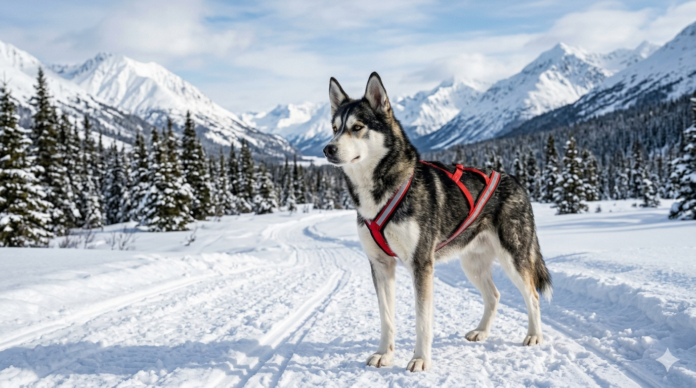 Ein athletischer Alaskan Husky in voller Bewegung beim Zughundesport im Schnee.