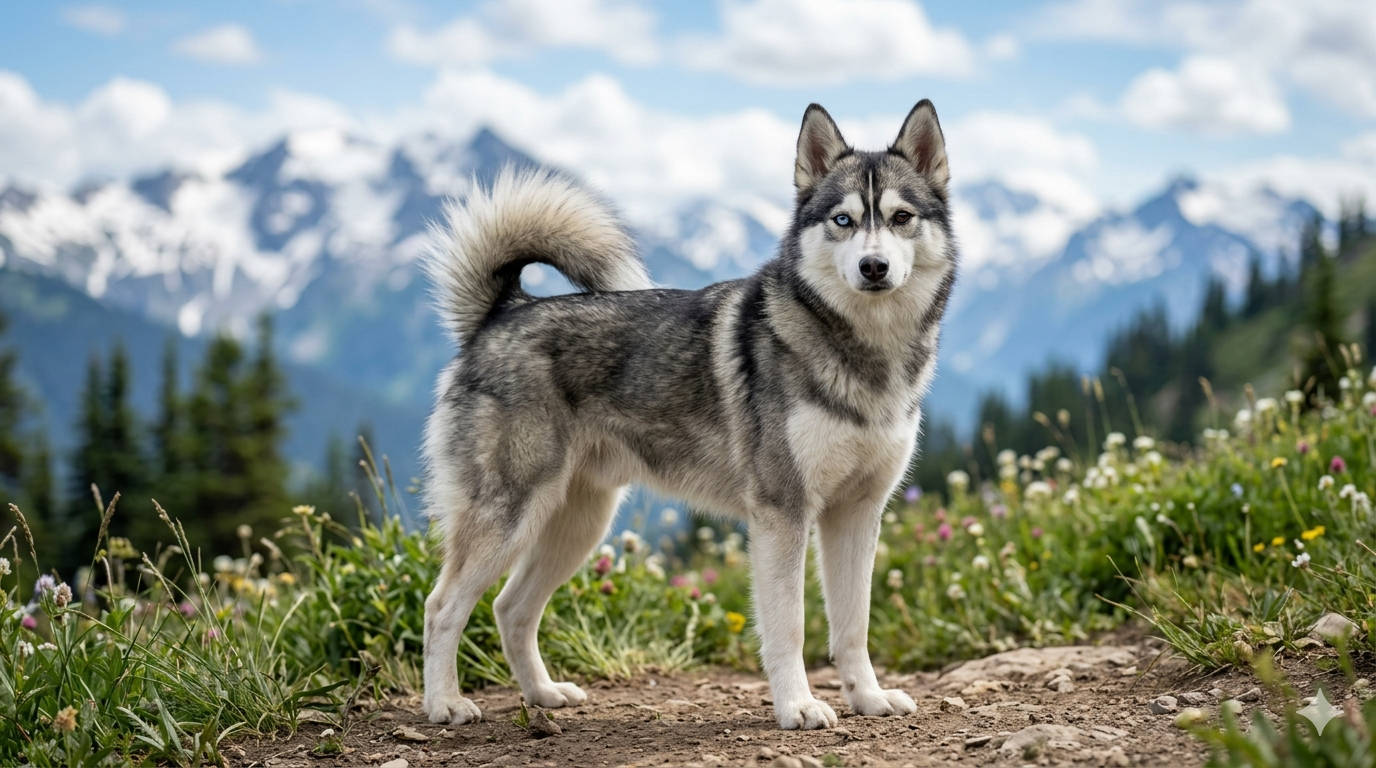 Ein aufmerksamer Alaskan Klee Kai mit blauen Augen und schwarz-weißer Maske steht auf einer Wiese.