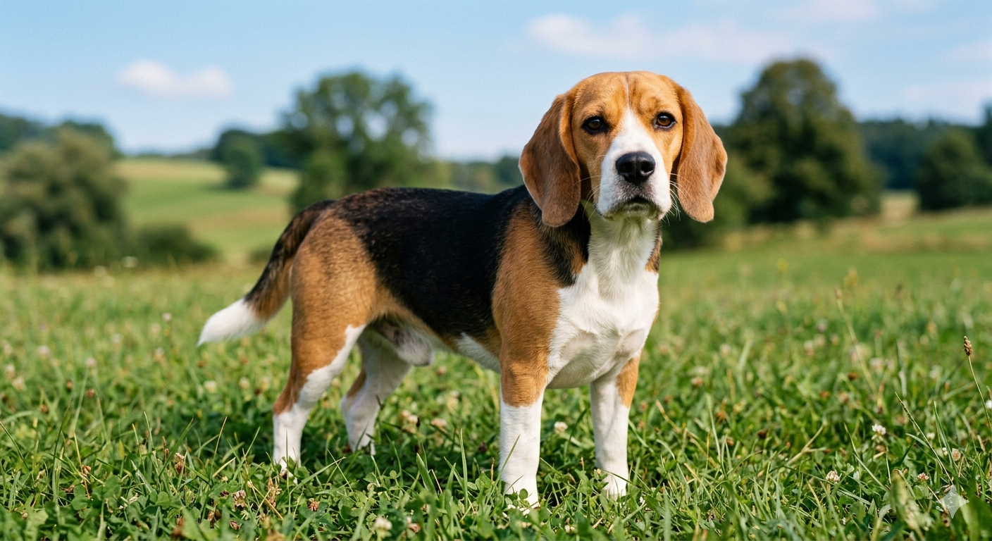 Ein dreifarbiger Beagle steht aufmerksam auf einer grünen Wiese