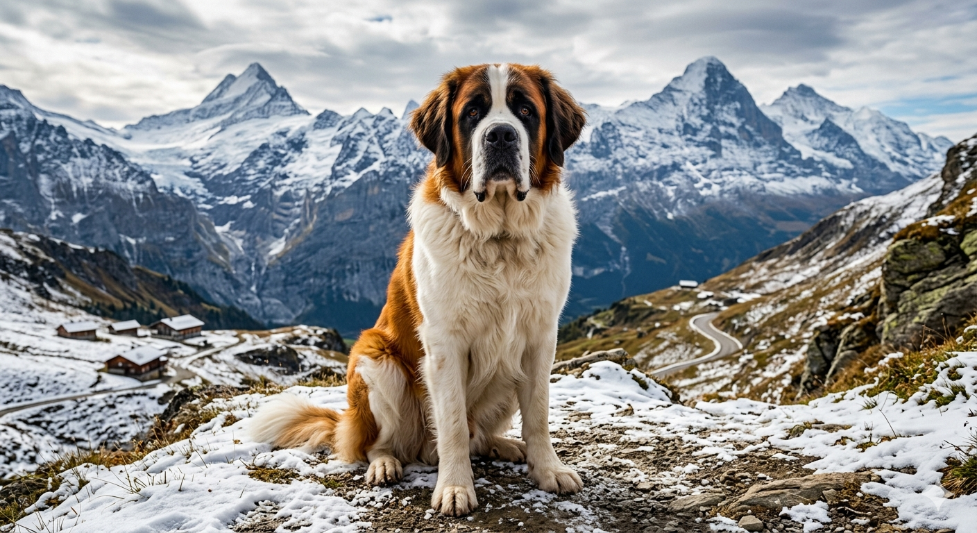 Ein majestätischer Langhaar-Bernhardiner sitzt vor einer verschneiten Alpenkulisse