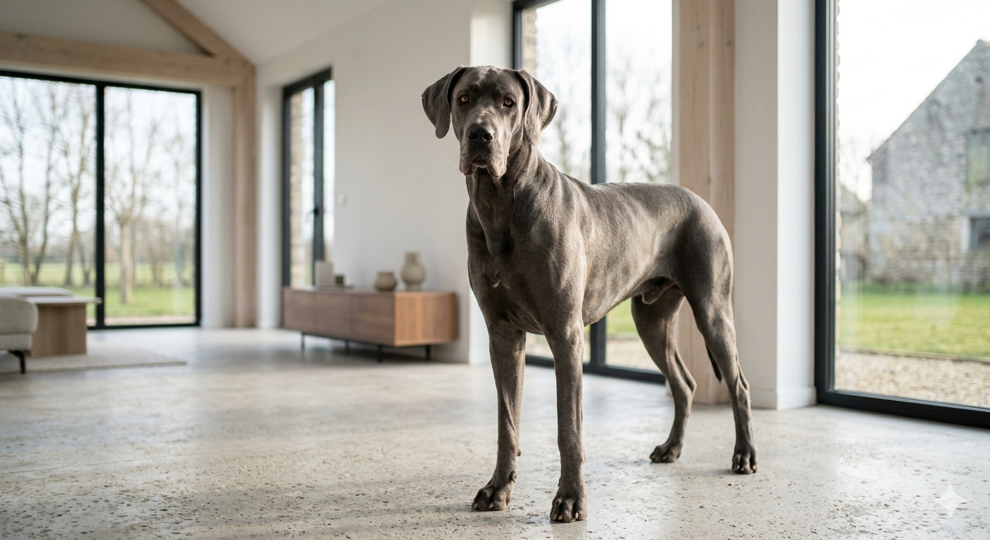 Eine majestätische blaue Deutsche Dogge steht in einem hellen Raum.