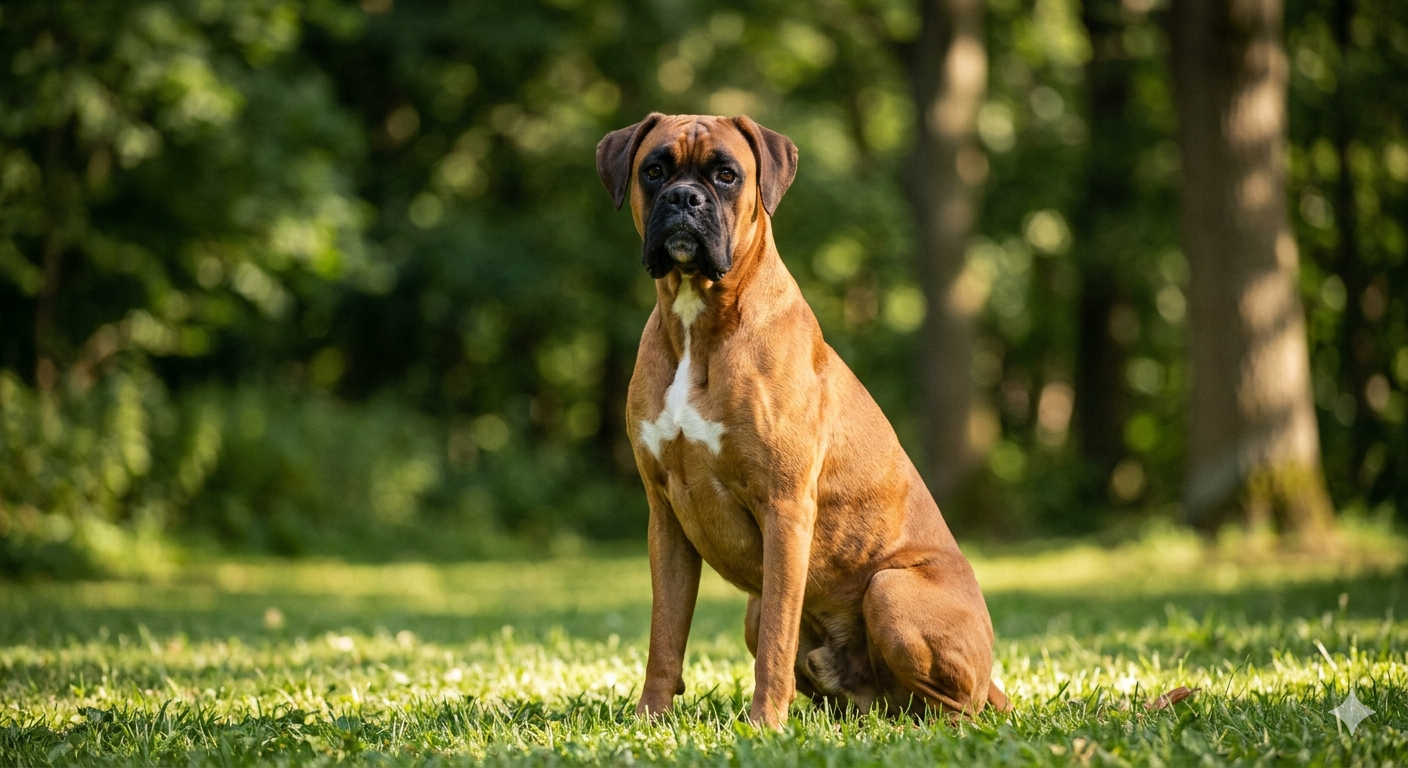 Ein ausgewachsener gelber Deutscher Boxer mit dunkler Maske sitzt im Park.