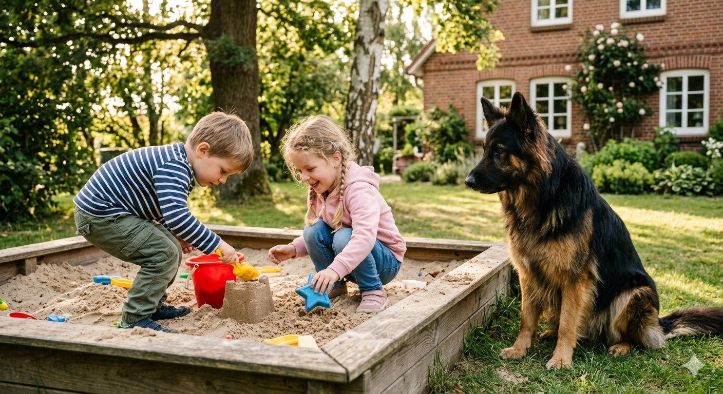 Zwei vierjährige Kinder spielen in einer Sandkiste, während ein Langstockhaar-Schäferhund neugierig zuschaut.