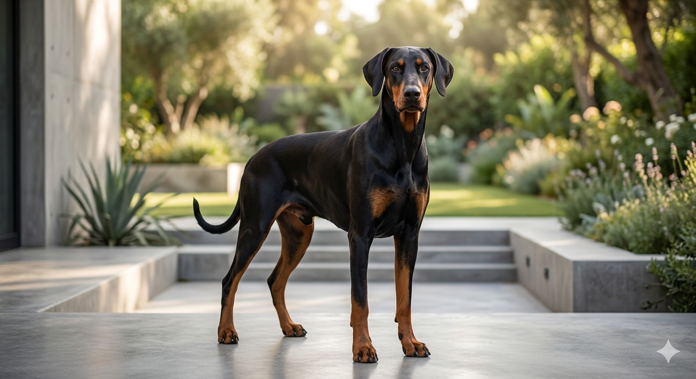 Ein stolzer schwarzer Dobermann mit Schlappohren steht aufmerksam in der Sonne.