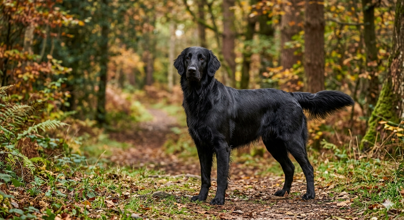 Ein glänzender schwarzer Flat Coated Retriever steht auf einer Waldwiese