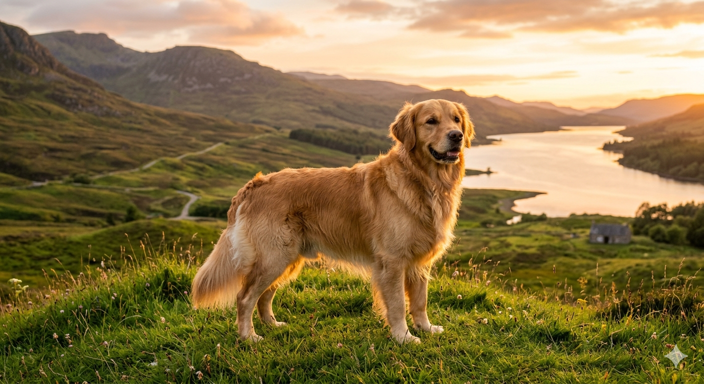Ein prachtvoller Golden Retriever steht während des Sonnenuntergangs auf einer Wiese in Schottland.