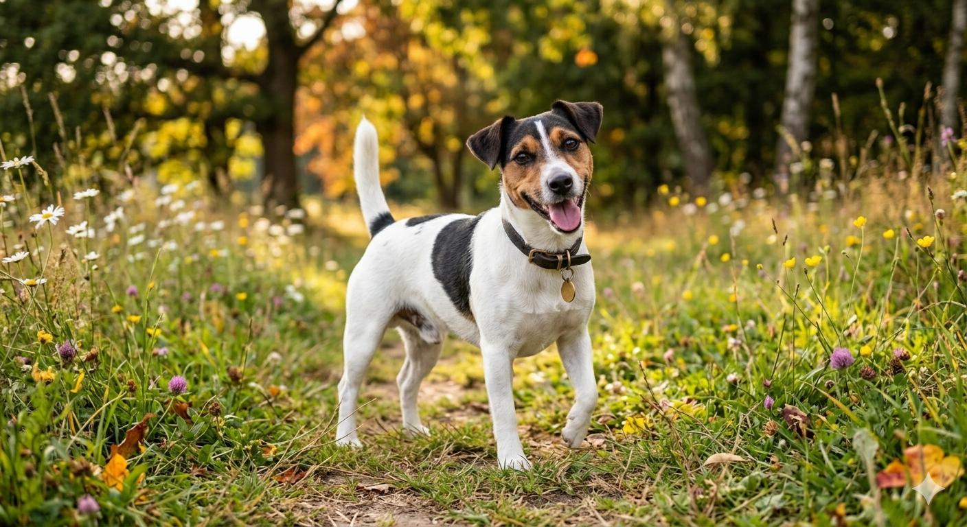 Ein aufmerksamer tri-color Jack Russell Terrier steht auf einem Feldweg.