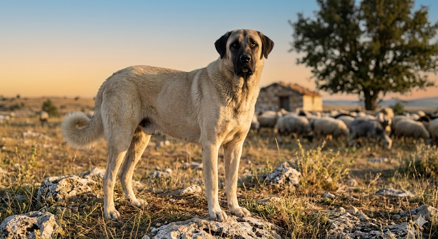 Ein imposanter sandfarbener Kangal mit charakteristischer schwarzer Maske steht wachsam in einer kargen Landschaft.