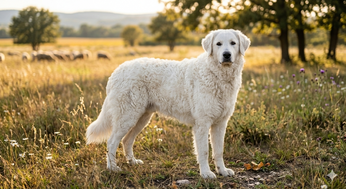 Ein imposanter weißer Kuvasz mit typisch welligem Fell steht wachsam auf einer weiten grünen Wiese.