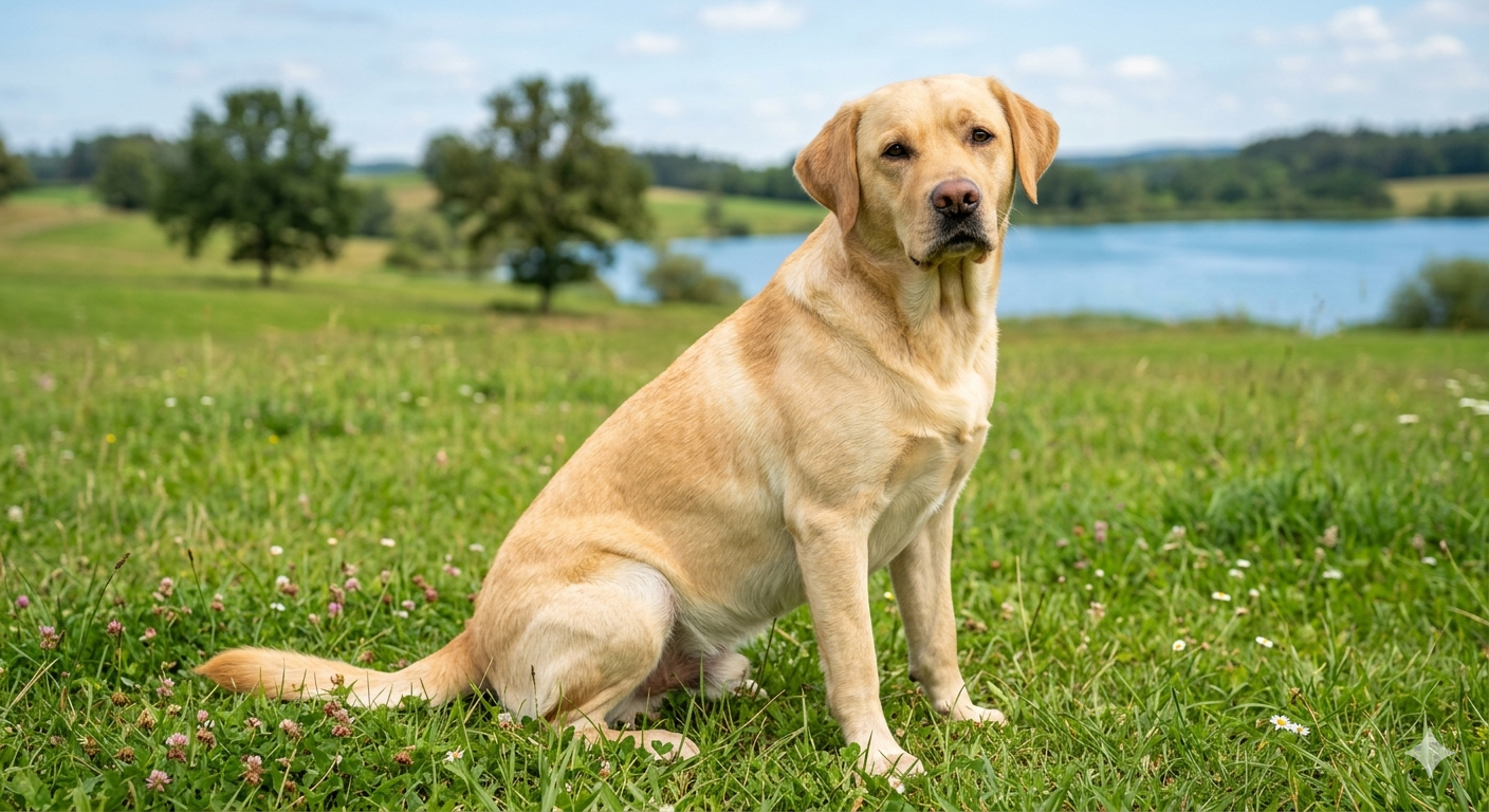 Ein gelber Labrador Retriever sitzt aufmerksam und freundlich in einer grünen Wiese.