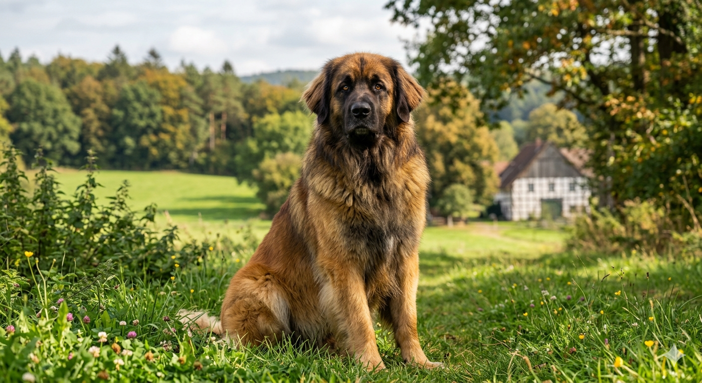 Ein majestätischer Leonberger mit schwarzer Maske sitzt auf einer sonnigen Wiese