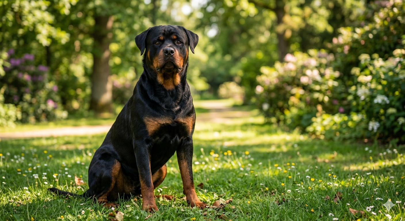 Ein majestätischer Rottweiler sitzt ruhig im sonnigen Garten.