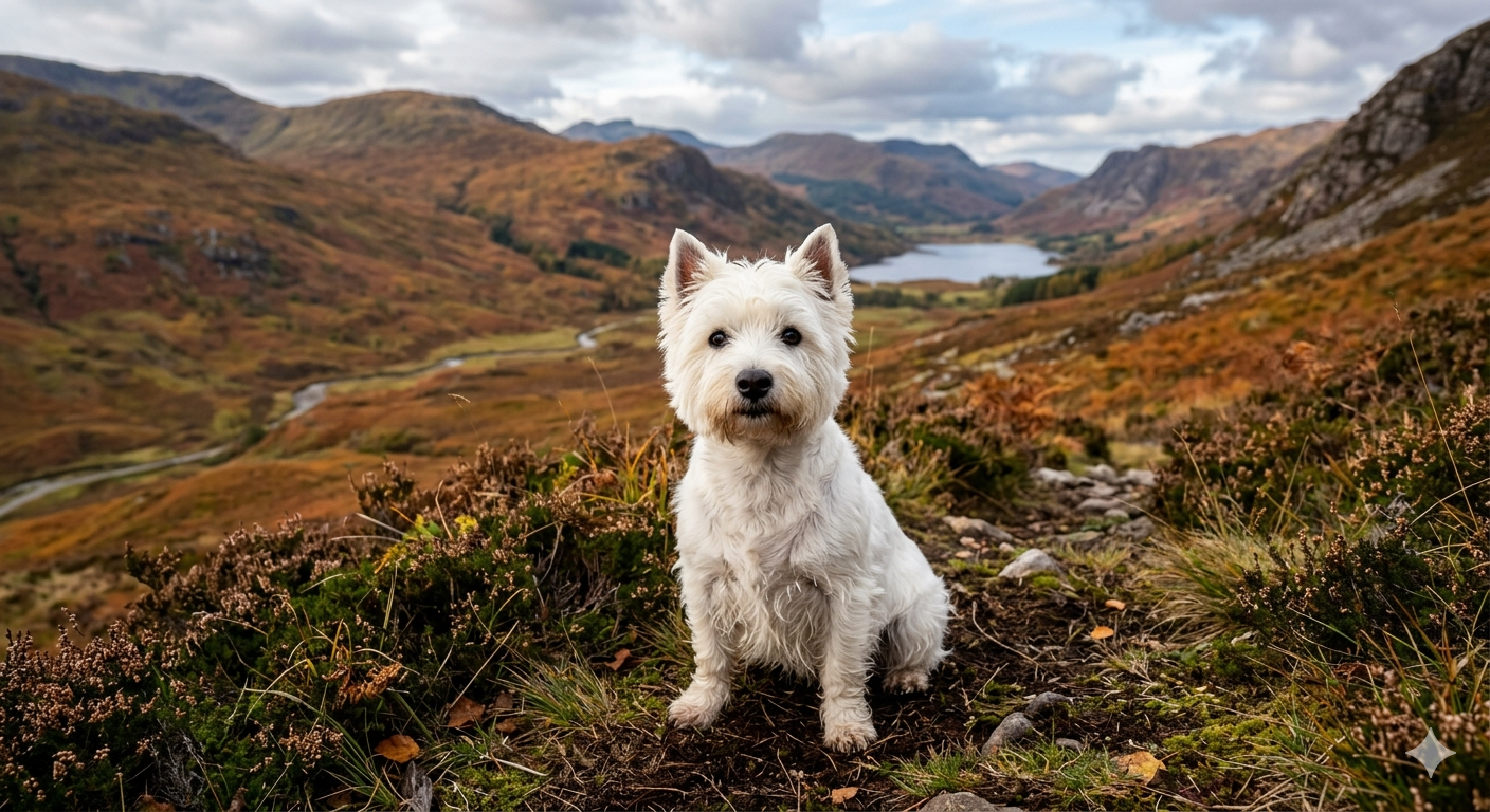 West Highland Terrier sitzt aufmerksam in einer Heidelandschaft