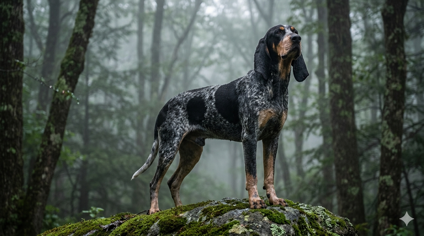 Ein majestätischer American Blue Gascon Hound auf einem Felsen im nebligen Wald.