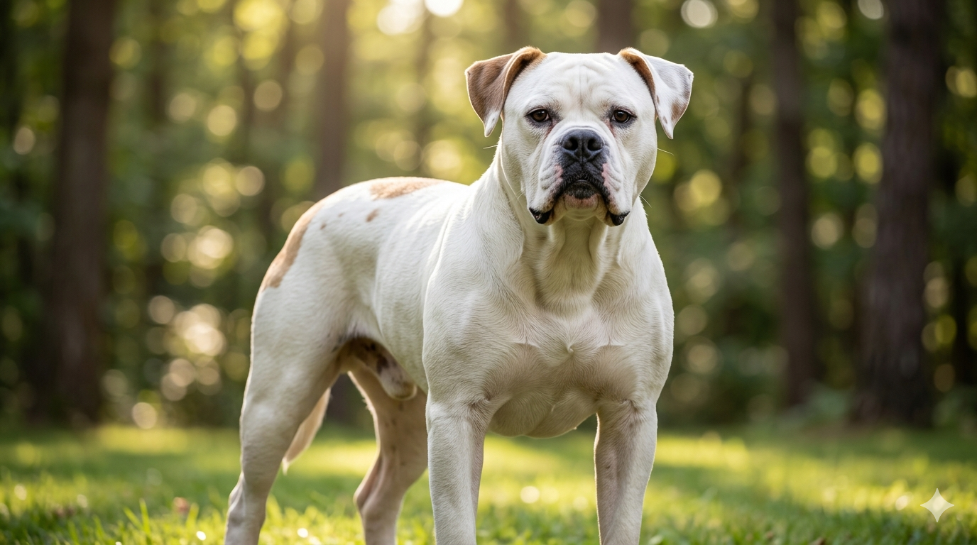 Ein muskulöser American Bulldog steht aufmerksam auf einem Waldweg im Sonnenlicht.
