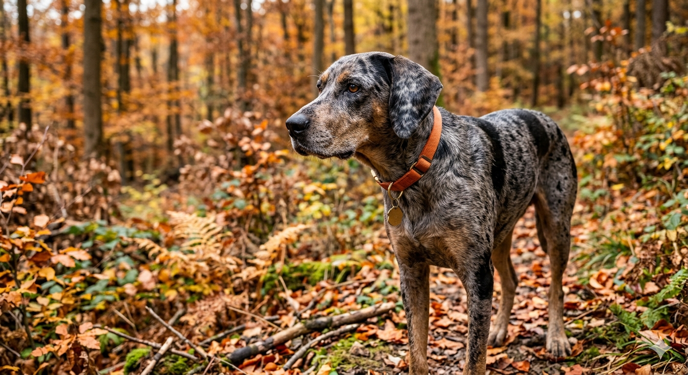 Ein athletischer American Leopard Hound mit typischem blau-grauen Merle-Fell steht aufmerksam auf herbstlichem Waldboden.