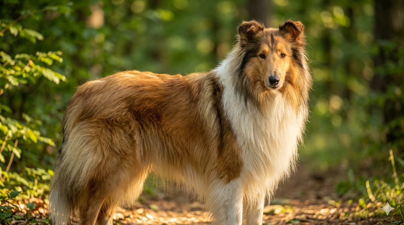 Ein eleganter Amerikanischer Collie in Sable-White steht auf einem Waldweg im Sonnenlicht.