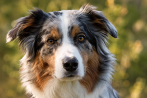 Ein hochwertiges Bild vom Kopf eines Australian Shepherd.