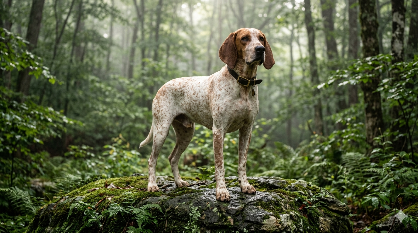 Ein athletischer English Coonhound mit roter Tüpfelung steht auf einem Felsen im nebligen Wald.