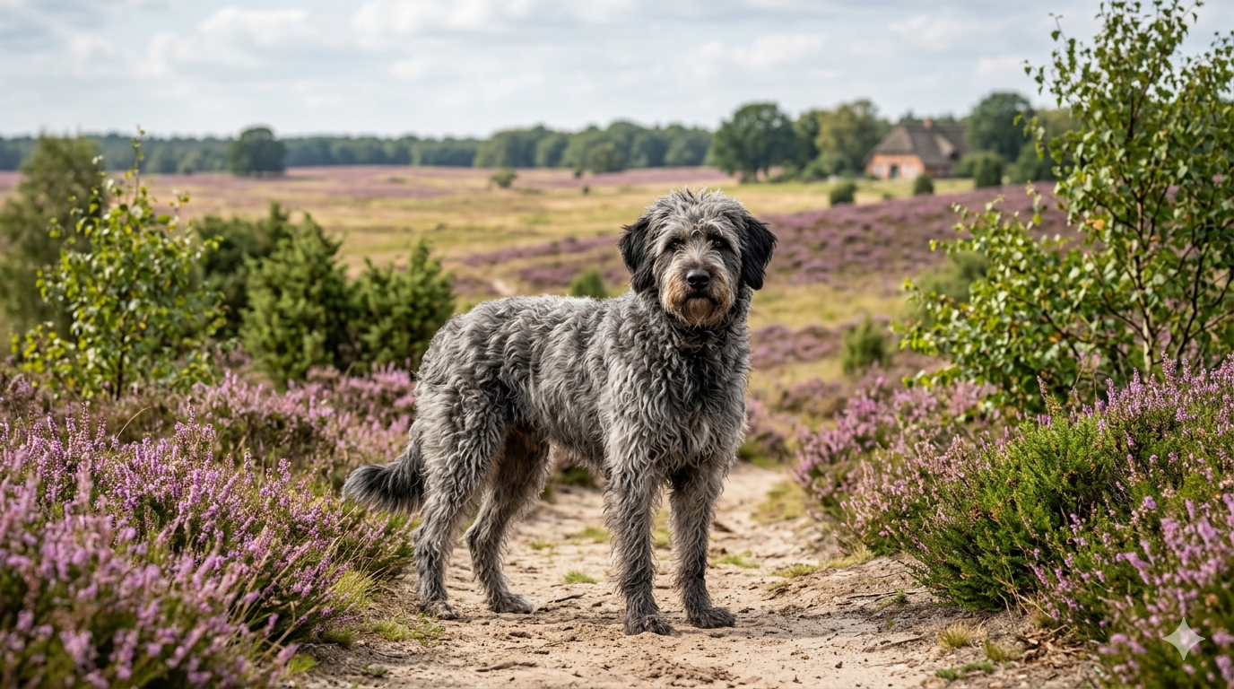 Ein aufmerksamer Schafpudel mit grauem, zotteligem Fell steht auf einer Heidefläche.