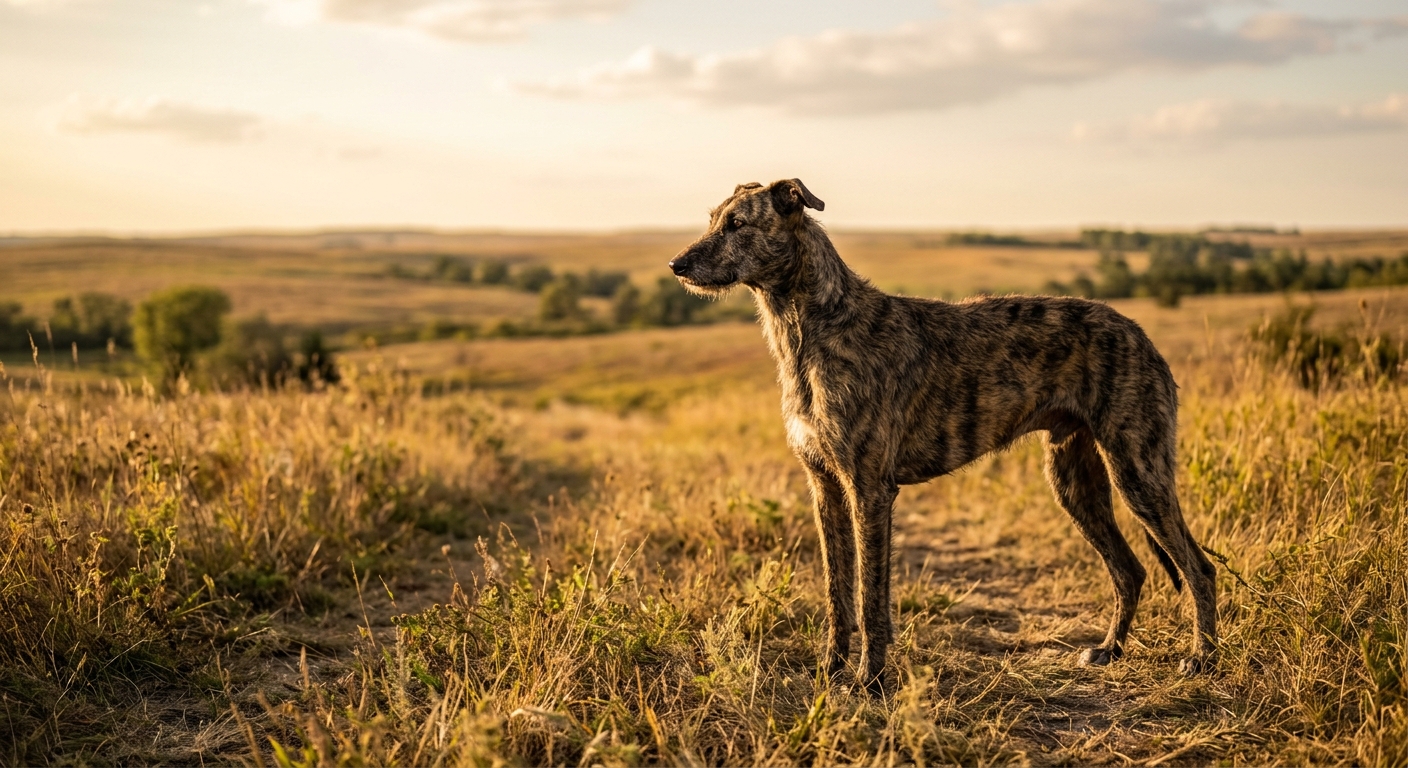 American Staghound steht aufmerksam in einer weiten Prärie