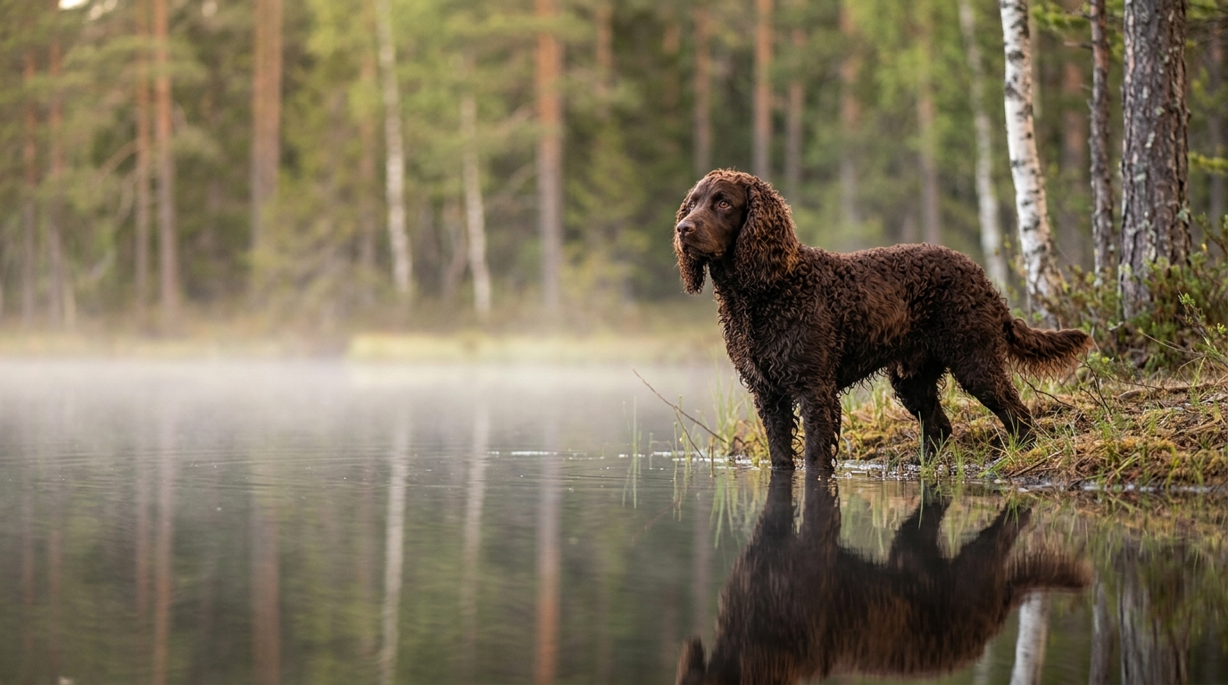 American Water Spaniel steht an einem Seeufer