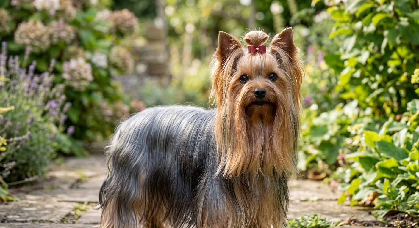 Nahaufnahme eines gesunden Yorkshire Terriers mit seidigem, stahlblau-goldenem Fell
